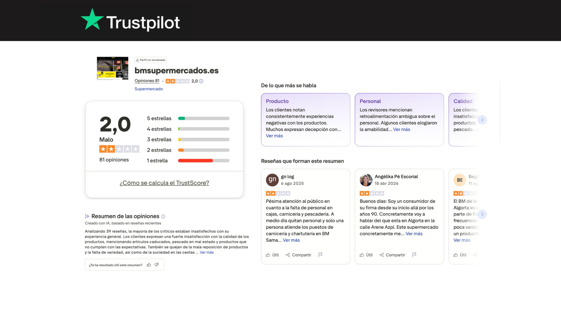Trustpilot 1,9/5 · e-commerce BM Supermercados