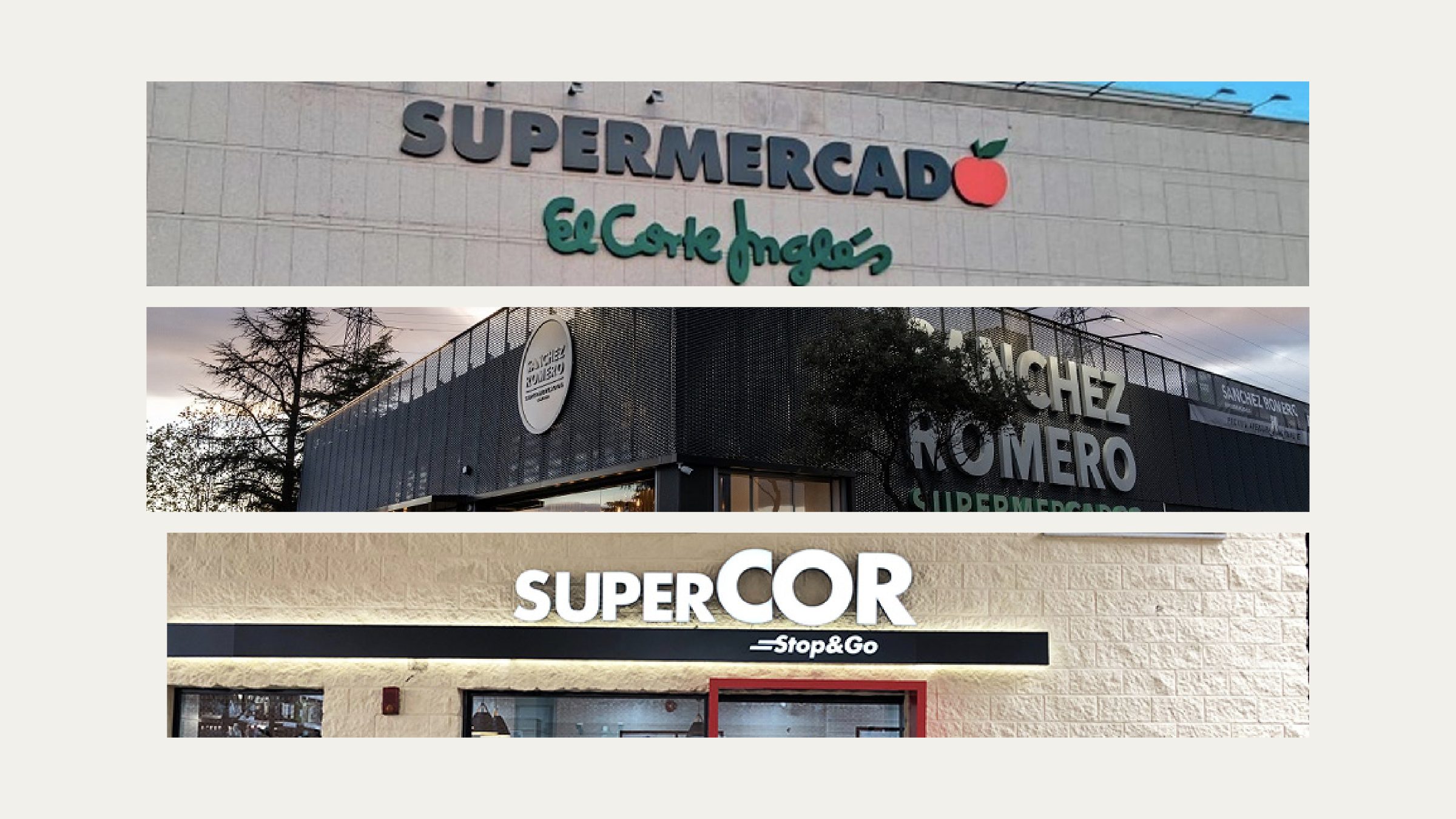 Fachadas por formato (Sánchez Romero, Supermercado ECI, Stop&Go)