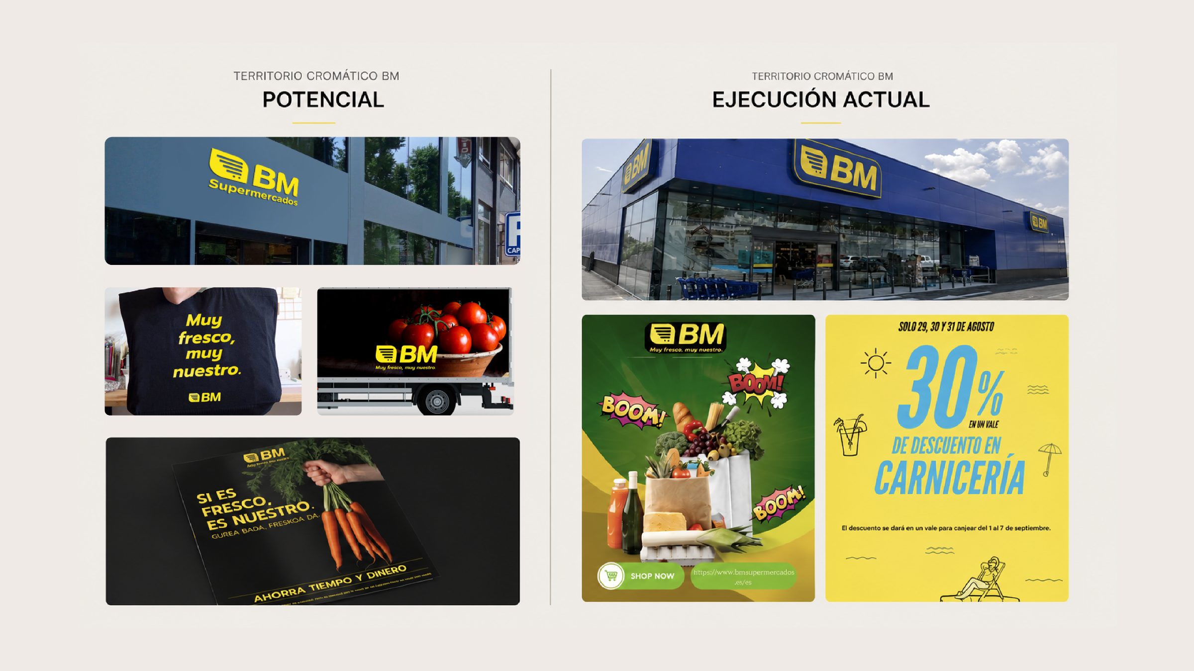 El binomio amarillo+negro de BM como territorio cromático: logo, marca propia, web, tienda — potencial vs. ejecución actual