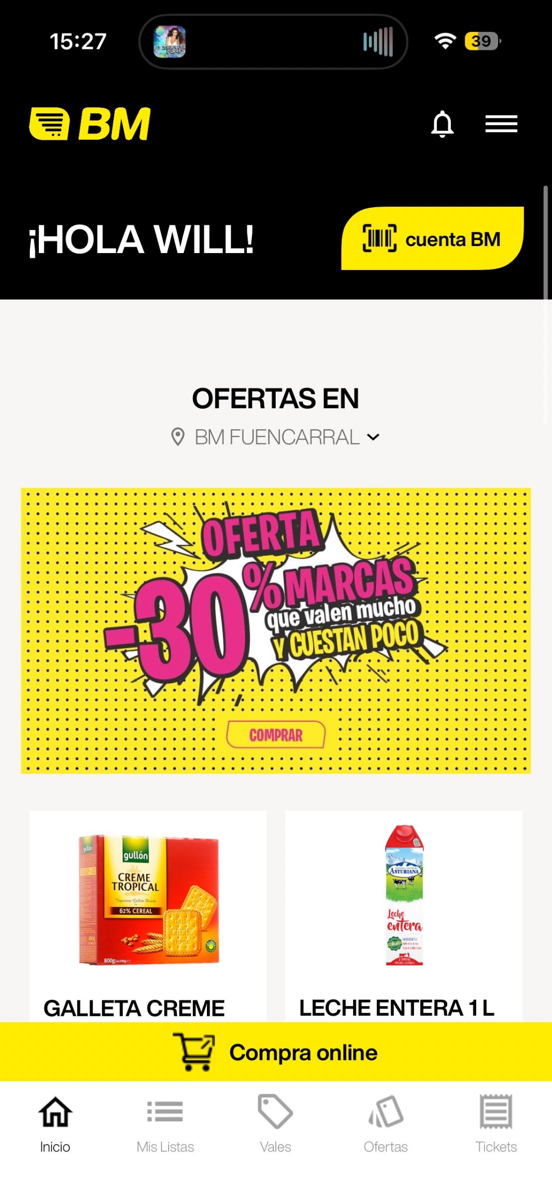 Diagrama de flujo Cuenta BM: compra → saldo → ingreso día 24