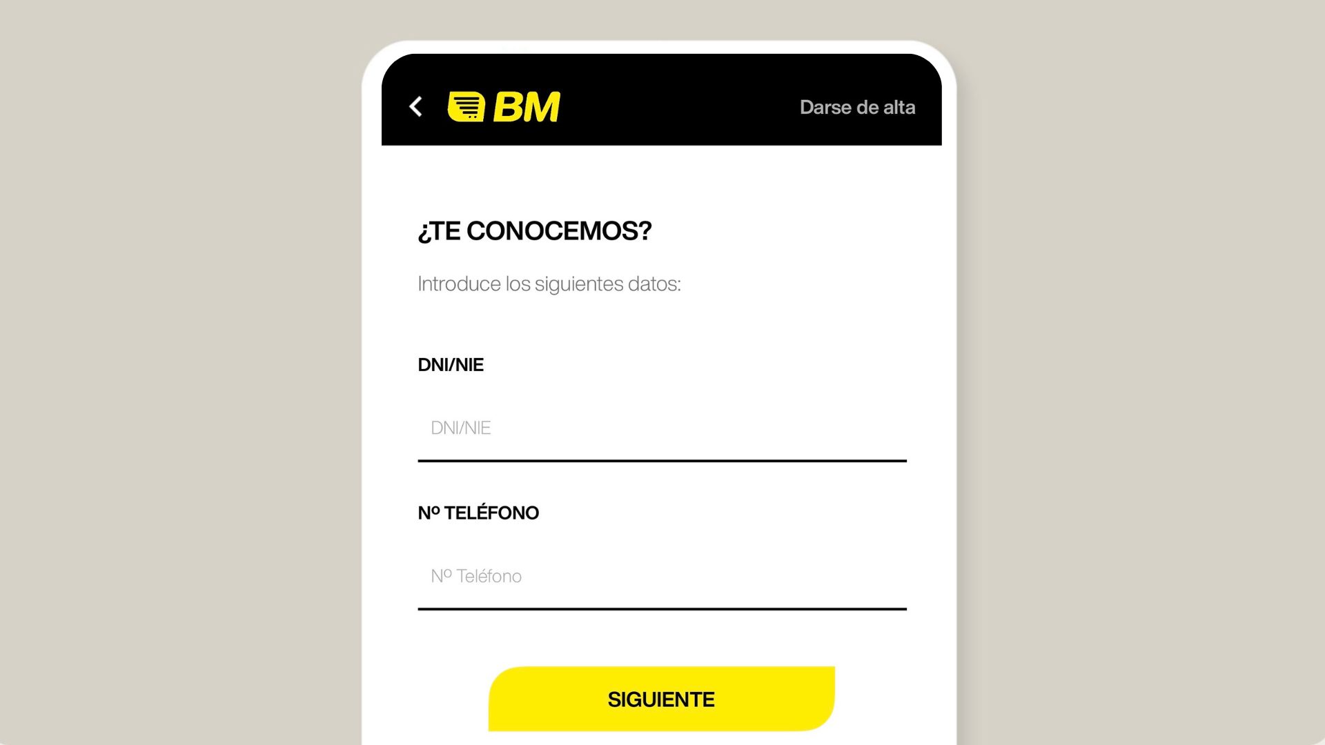Pantalla de registro · DNI como primer paso